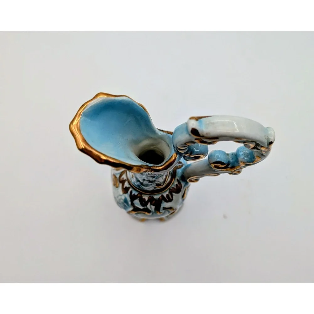 Vintage Capodimonte Italy Blue Gold Gilt Miniature Pitcher Ewer Vase Signed 6.5